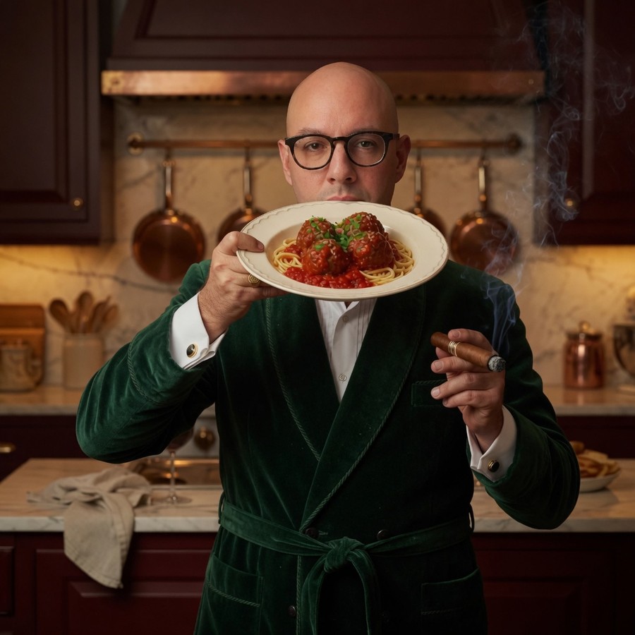 Dan DeCristoforo: plate of meatballs partially covering his face, cigar in the other hand